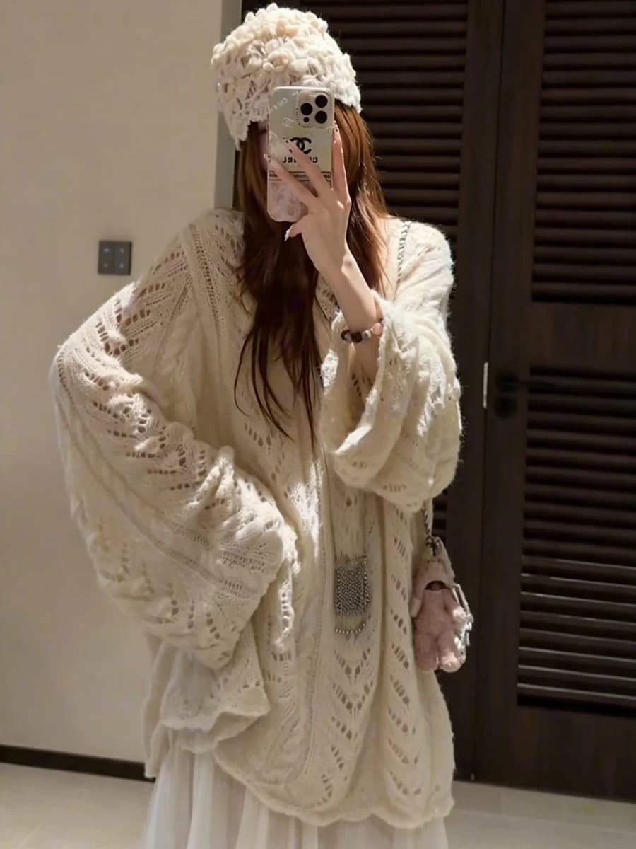 한 부서 부드러운 바람 홀로우 아웃 스웨터 여자 조기 가을 루즈핏 느긋한 느슨함 센스 슬림해 보이는 중간 길이 니트 스웨터 맨위 이미지 5