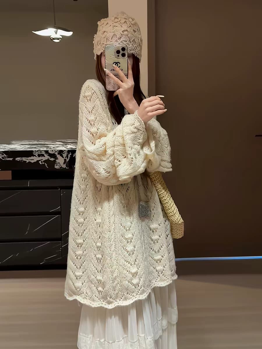 한 부서 부드러운 바람 홀로우 아웃 스웨터 여자 조기 가을 루즈핏 느긋한 느슨함 센스 슬림해 보이는 중간 길이 니트 스웨터 맨위 상세 이미지 1