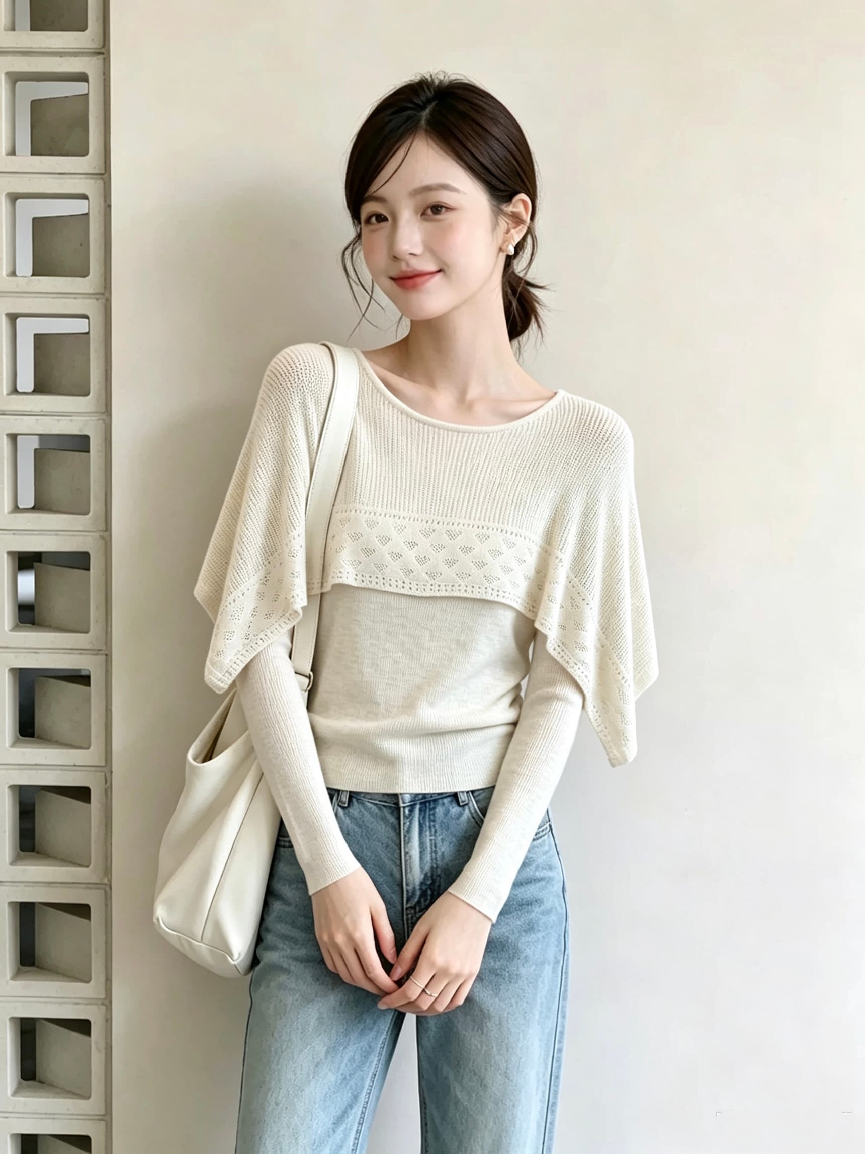 프랑스식 디자인 센스 홀로우 아웃 숄 프릴 페이크 레이어드 니트 스웨터 여성 이른 가을 느긋한 바람 연령 감소 슬림해 보이는 맨위