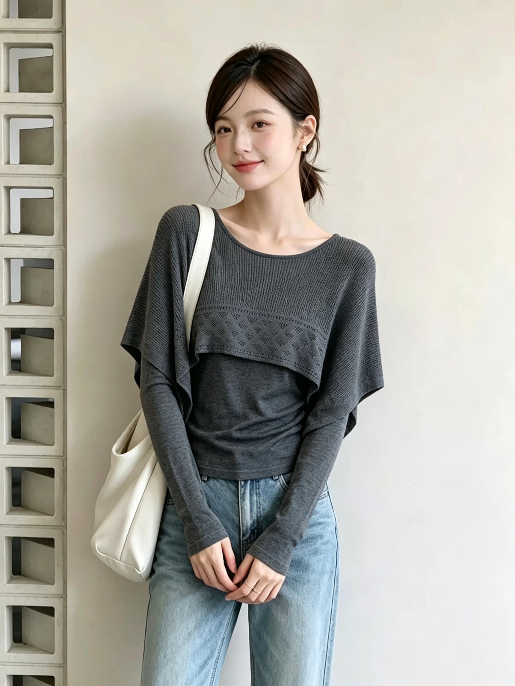 프랑스식 디자인 센스 홀로우 아웃 숄 프릴 페이크 레이어드 니트 스웨터 여성 이른 가을 느긋한 바람 연령 감소 슬림해 보이는 맨위 상세 이미지 4
