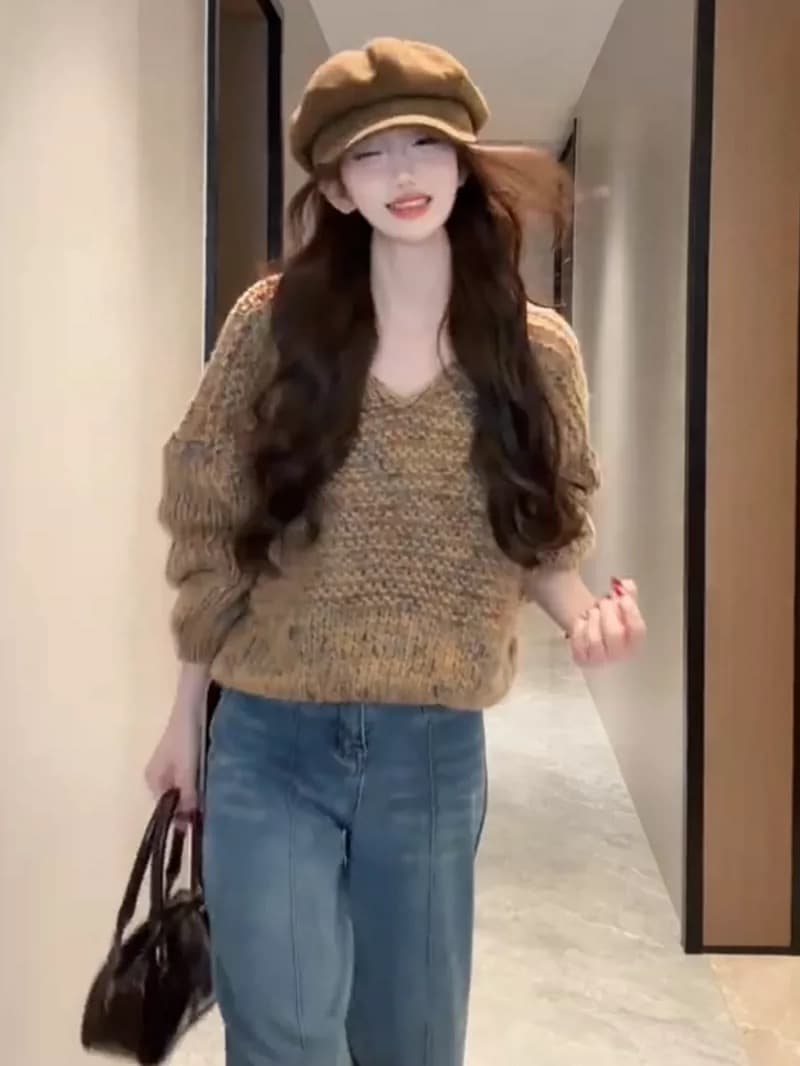 한 부서 부드러운 바람 V넥 두꺼운 털실 꽃무늬 풀오버 스웨터 여자 가을 겨울 부드러운 찹쌀 슬림해 보이는 다용도 연령 감소 니트 스웨터 이미지 4