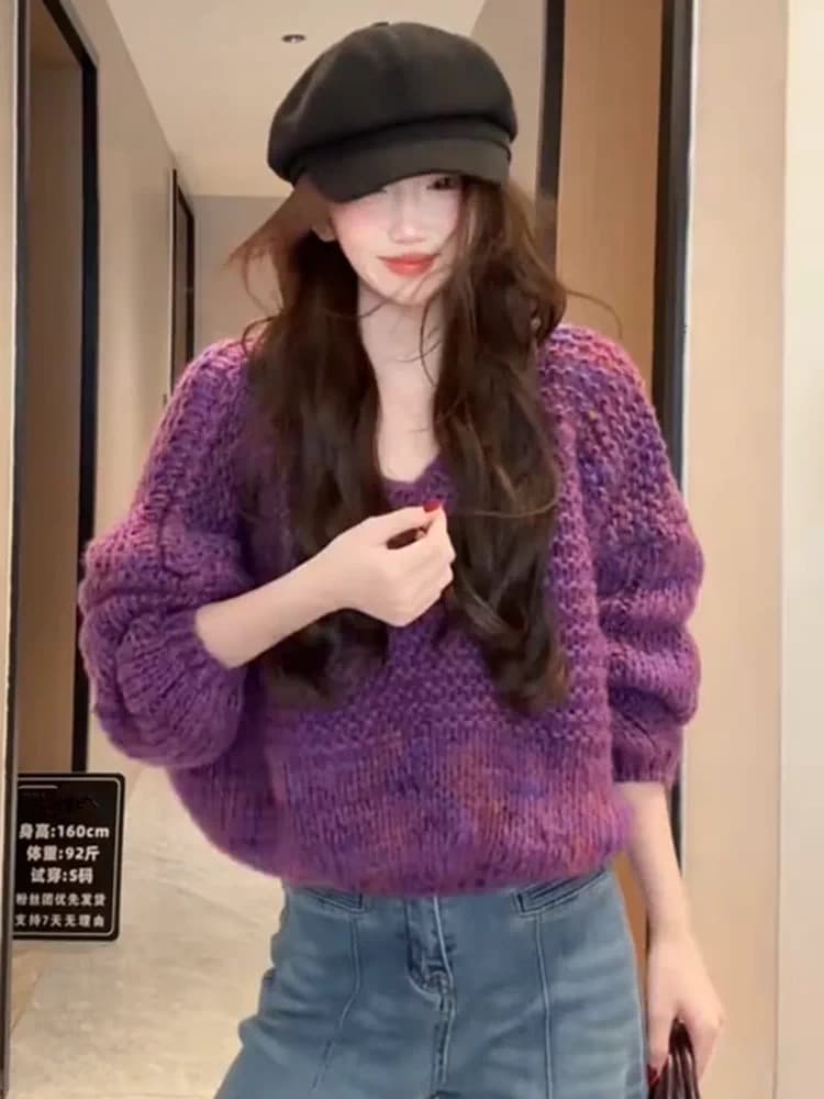 한 부서 부드러운 바람 V넥 두꺼운 털실 꽃무늬 풀오버 스웨터 여자 가을 겨울 부드러운 찹쌀 슬림해 보이는 다용도 연령 감소 니트 스웨터 상세 이미지 1