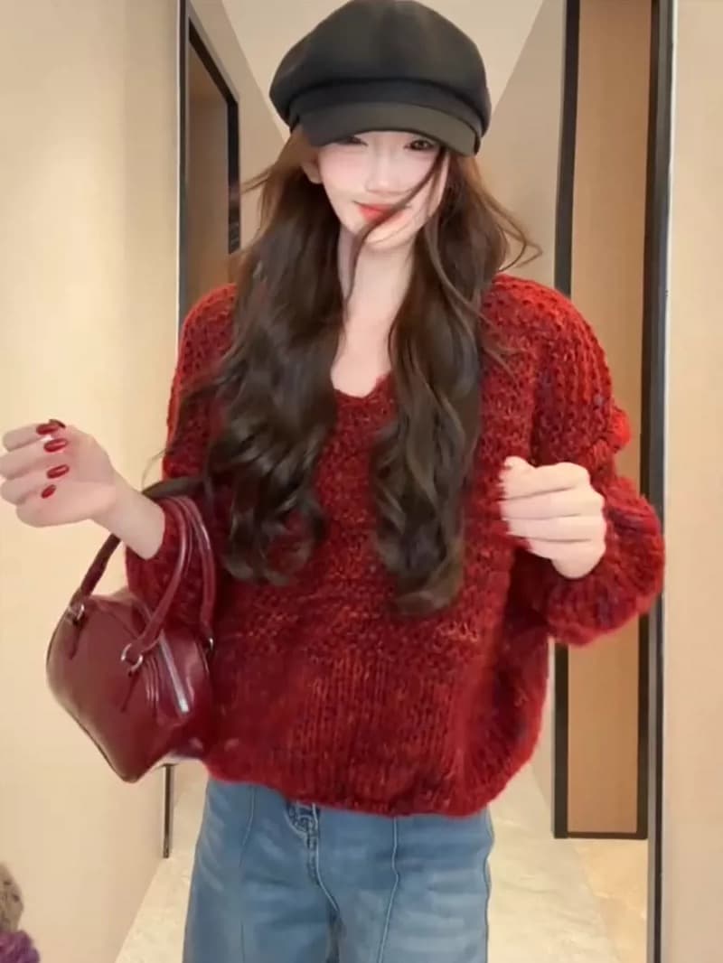 한 부서 부드러운 바람 V넥 두꺼운 털실 꽃무늬 풀오버 스웨터 여자 가을 겨울 부드러운 찹쌀 슬림해 보이는 다용도 연령 감소 니트 스웨터 상세 이미지 2
