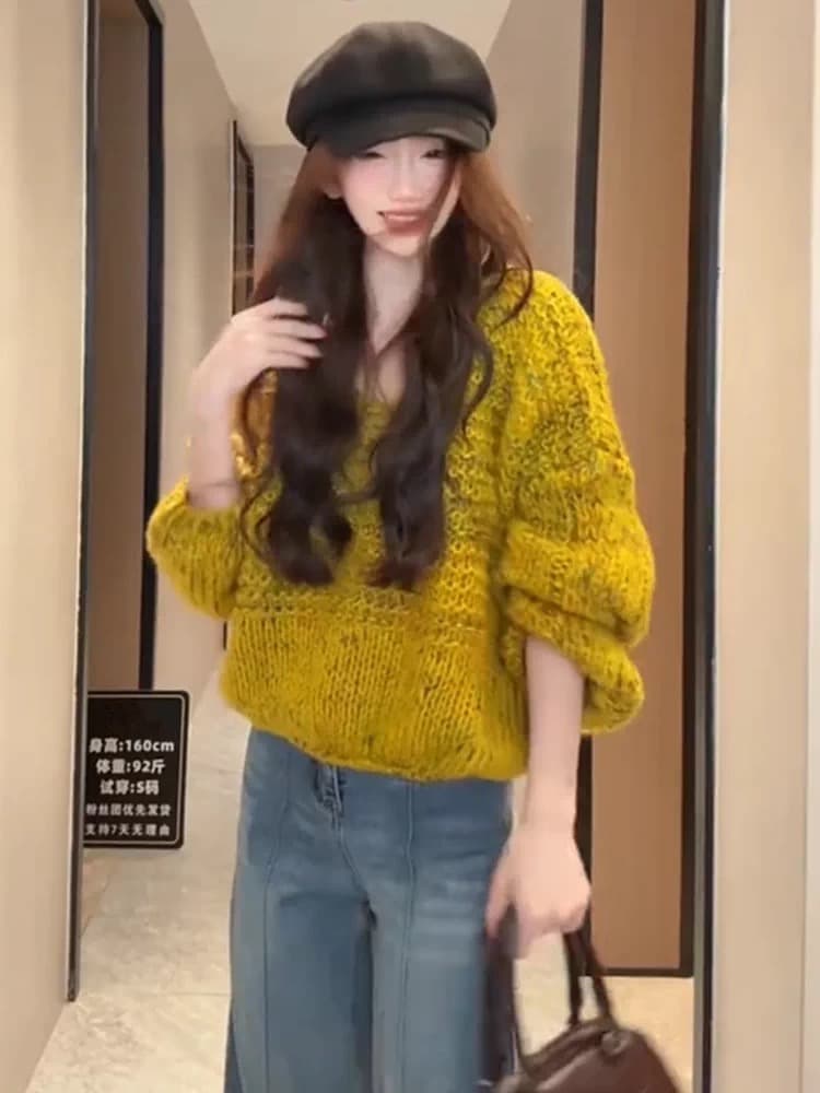 한 부서 부드러운 바람 V넥 두꺼운 털실 꽃무늬 풀오버 스웨터 여자 가을 겨울 부드러운 찹쌀 슬림해 보이는 다용도 연령 감소 니트 스웨터 상세 이미지 3