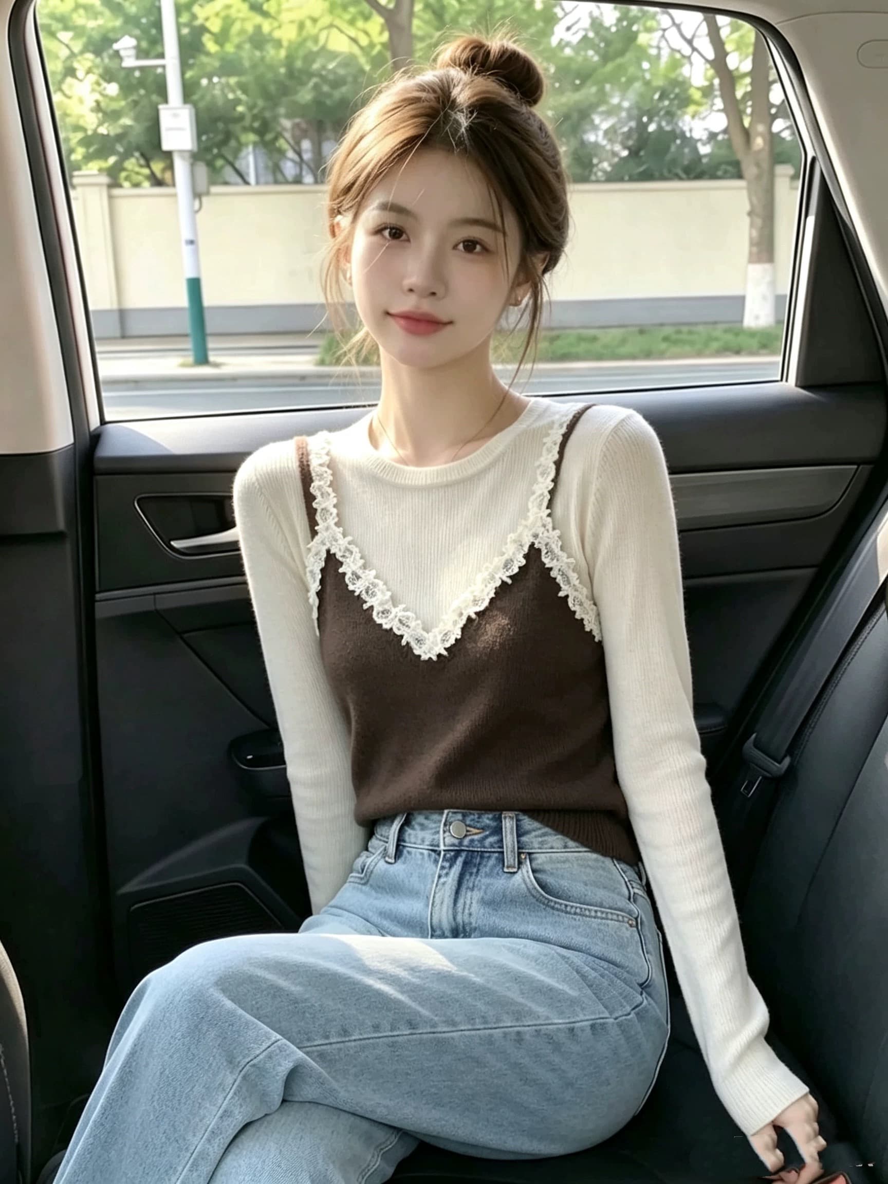 가을 배색 페이크 레이어드 레이스 조각 슬립 긴팔 니트 스웨터 패션 품격 고급 센스 슈퍼 잘 생긴 맨위 상세 이미지 1