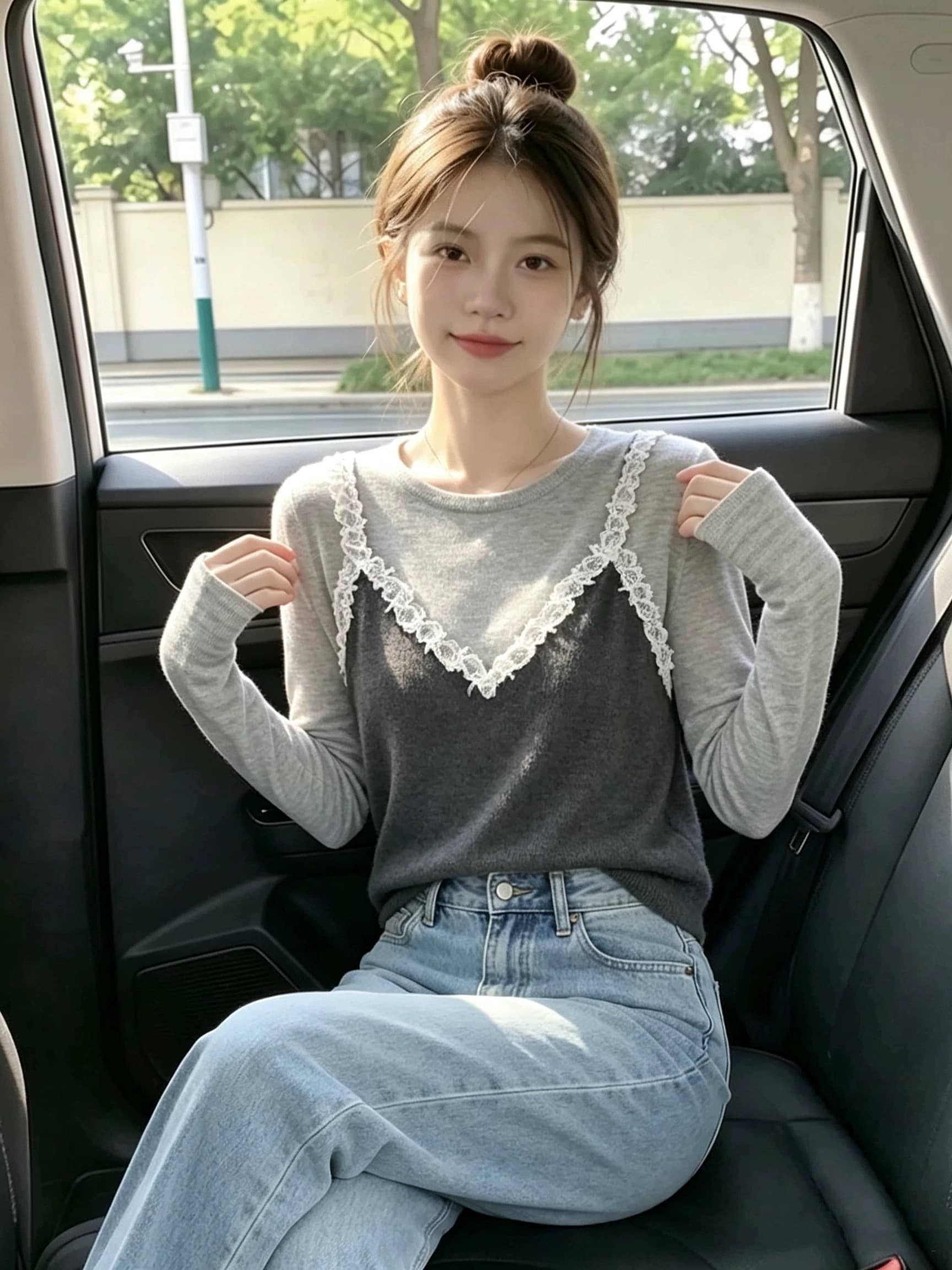 가을 배색 페이크 레이어드 레이스 조각 슬립 긴팔 니트 스웨터 패션 품격 고급 센스 슈퍼 잘 생긴 맨위 상세 이미지 4