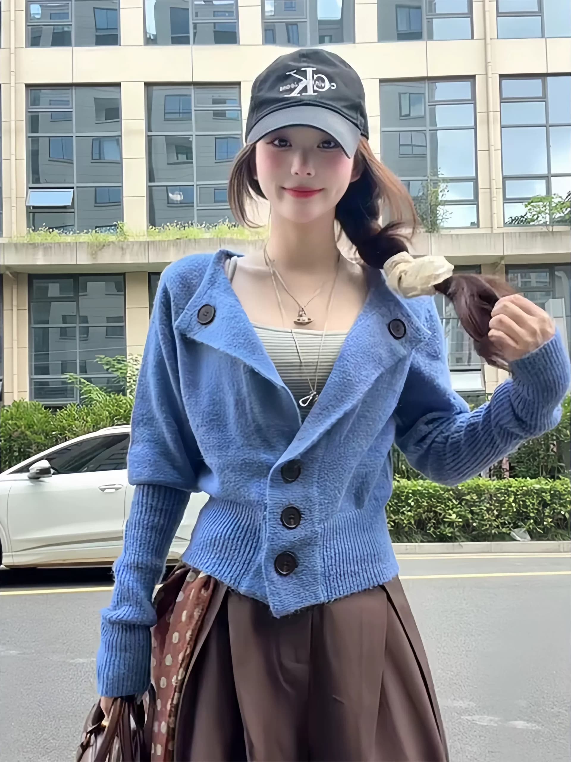 한 부서 파란색 니트 오픈 가디건 여성 코트 조기 가을 작은 키 느긋한 스웨터 허리 수축 캐주얼 그레이트 봐. 의류 이미지 2
