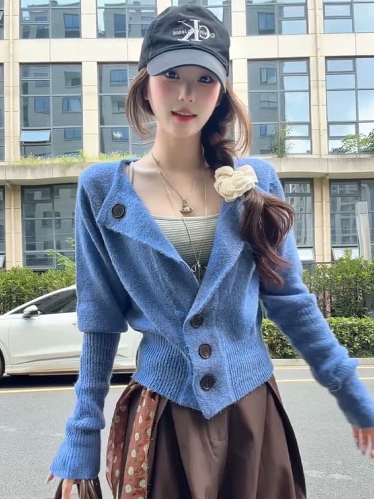 한 부서 파란색 니트 오픈 가디건 여성 코트 조기 가을 작은 키 느긋한 스웨터 허리 수축 캐주얼 그레이트 봐. 의류 이미지 4