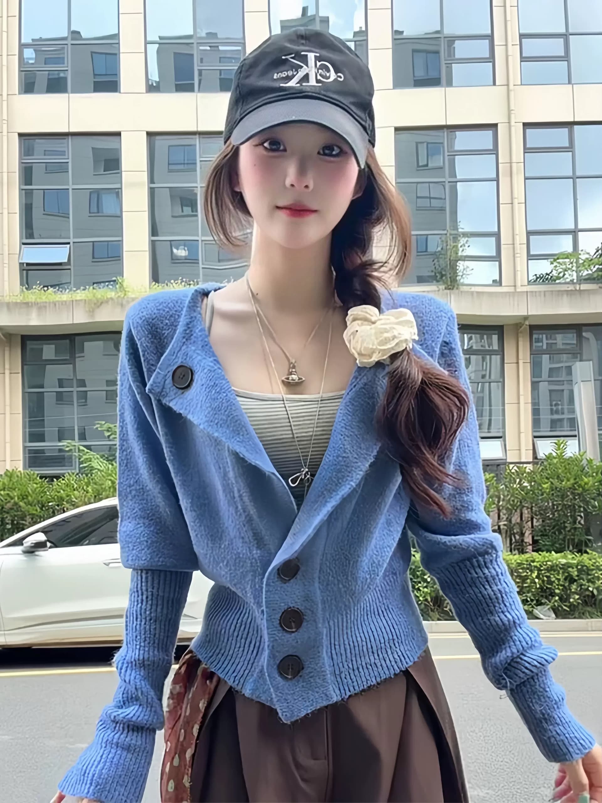 한 부서 파란색 니트 오픈 가디건 여성 코트 조기 가을 작은 키 느긋한 스웨터 허리 수축 캐주얼 그레이트 봐. 의류 상세 이미지 1