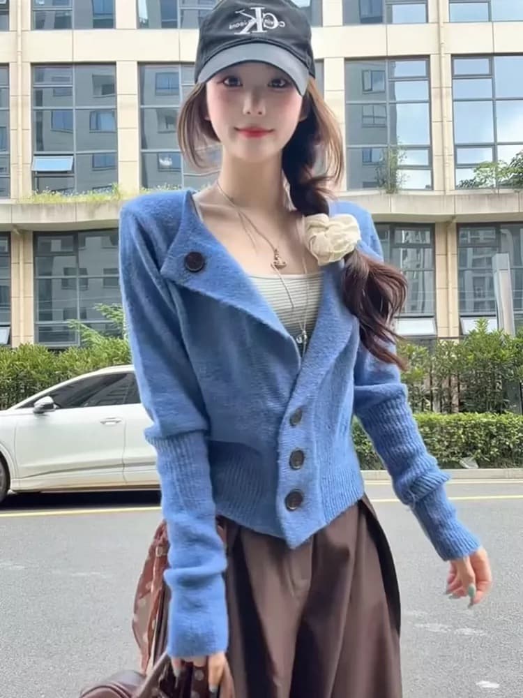 한 부서 파란색 니트 오픈 가디건 여성 코트 조기 가을 작은 키 느긋한 스웨터 허리 수축 캐주얼 그레이트 봐. 의류 상세 이미지 4