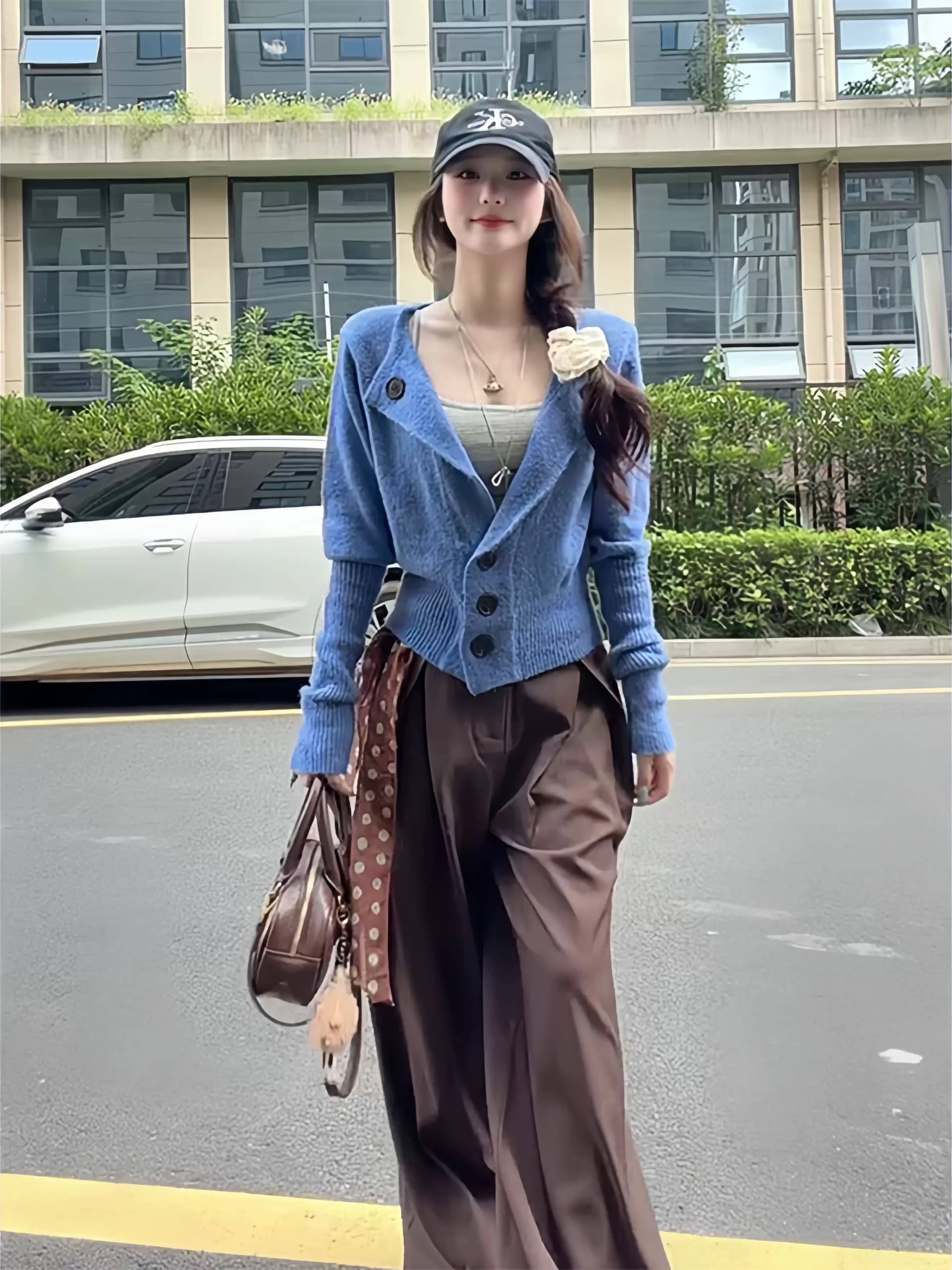 한 부서 파란색 니트 오픈 가디건 여성 코트 조기 가을 작은 키 느긋한 스웨터 허리 수축 캐주얼 그레이트 봐. 의류 상세 이미지 5