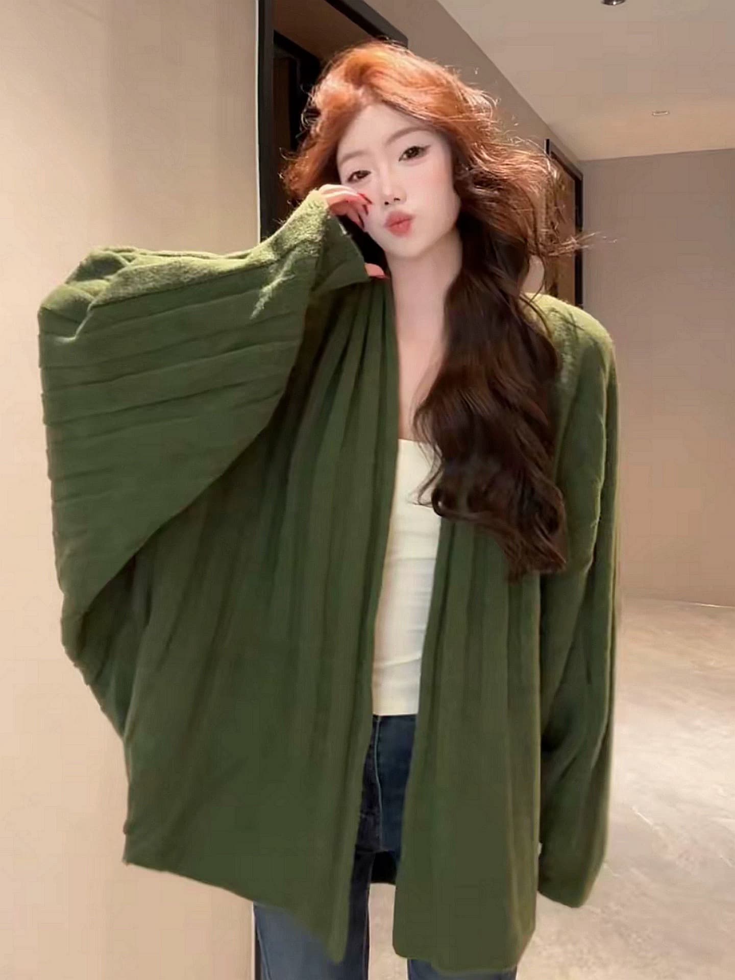 한 부서 부드러운 바람 배트윙 소매 니트 오픈 가디건 여성 가을과 겨울 루즈핏 슬림해 보이는 다용도 부드러운 찹쌀 긴팔 스웨터 코트 상세 이미지 1