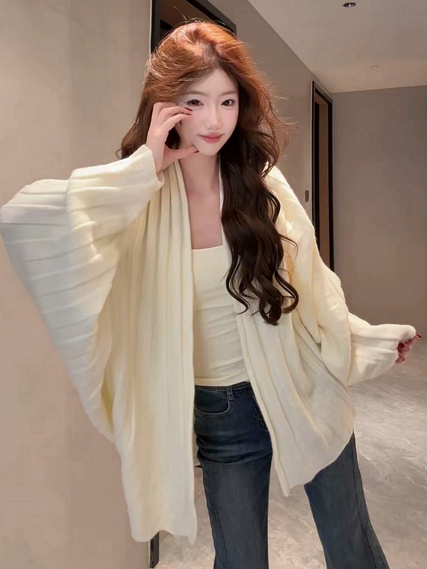 한 부서 부드러운 바람 배트윙 소매 니트 오픈 가디건 여성 가을과 겨울 루즈핏 슬림해 보이는 다용도 부드러운 찹쌀 긴팔 스웨터 코트 상세 이미지 2