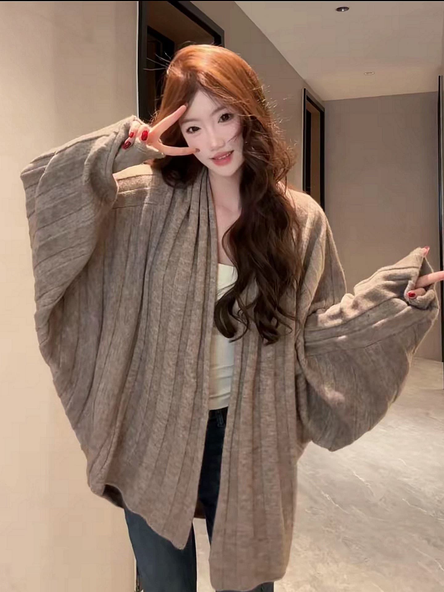 한 부서 부드러운 바람 배트윙 소매 니트 오픈 가디건 여성 가을과 겨울 루즈핏 슬림해 보이는 다용도 부드러운 찹쌀 긴팔 스웨터 코트 상세 이미지 4