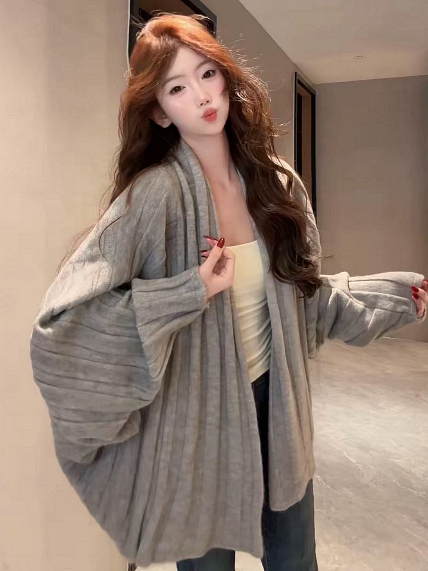 한 부서 부드러운 바람 배트윙 소매 니트 오픈 가디건 여성 가을과 겨울 루즈핏 슬림해 보이는 다용도 부드러운 찹쌀 긴팔 스웨터 코트 상세 이미지 5
