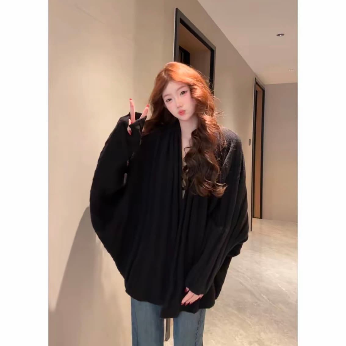 한 부서 부드러운 바람 배트윙 소매 니트 오픈 가디건 여성 가을과 겨울 루즈핏 슬림해 보이는 다용도 부드러운 찹쌀 긴팔 스웨터 코트 상세 이미지 6