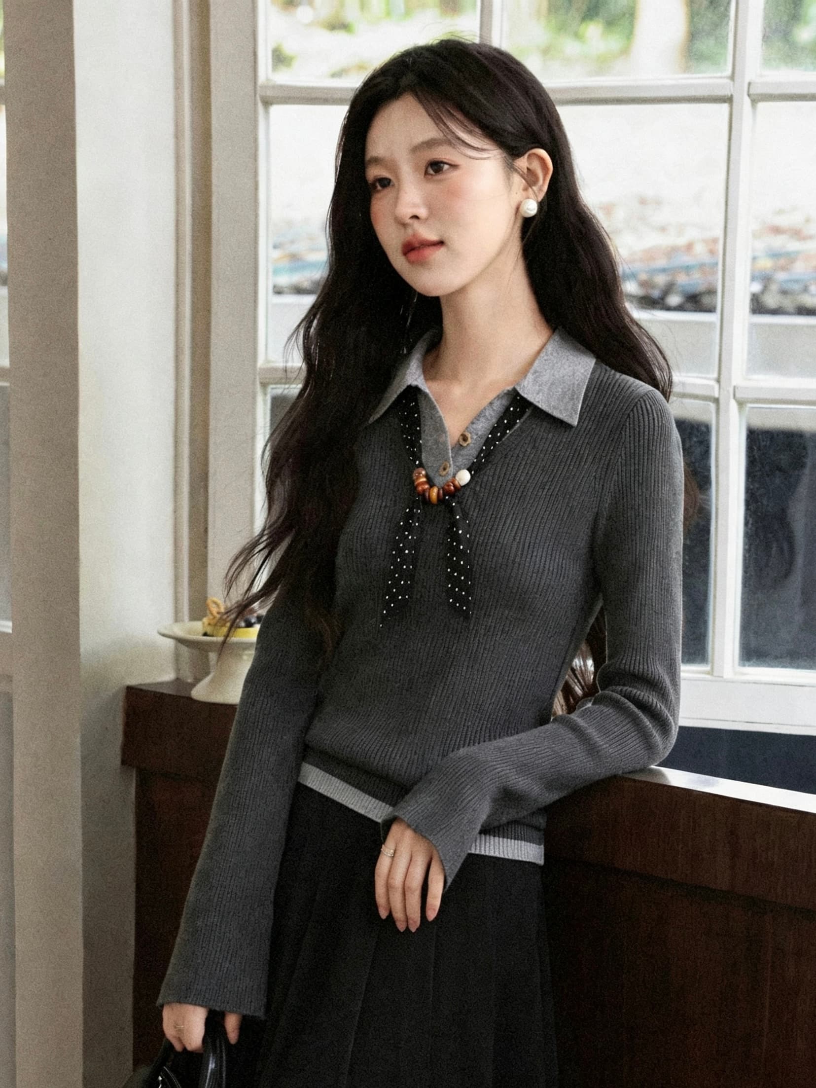 남부 산기슭 안개 연기가 나는 회색 페이크 레이어드 니트 스웨터 여성 가을 몸매 가꾸기 슬림해 보이는 긴팔 만나는 맨위 상세 이미지 4