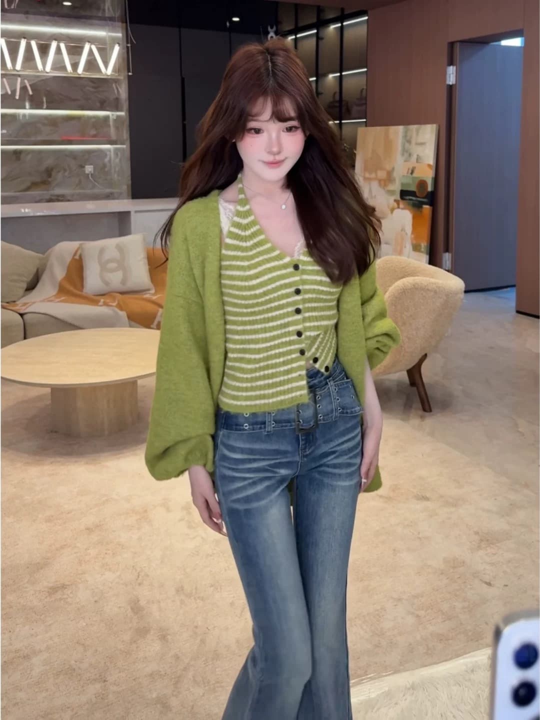 빛 사람들 빛 요리 한 코치 착용 가져 가라. 전체 집합 조기 가을 여성 의류 녹색 스웨터 오픈 가디건 스트라이프 조끼 투피스 슈트