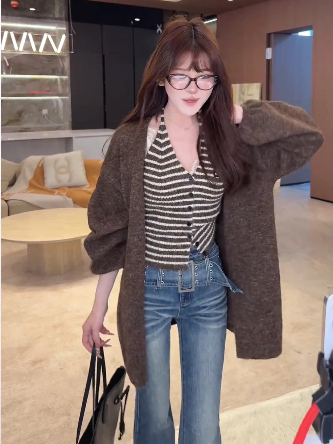 빛 사람들 빛 요리 한 코치 착용 가져 가라. 전체 집합 조기 가을 여성 의류 녹색 스웨터 오픈 가디건 스트라이프 조끼 투피스 슈트 이미지 3