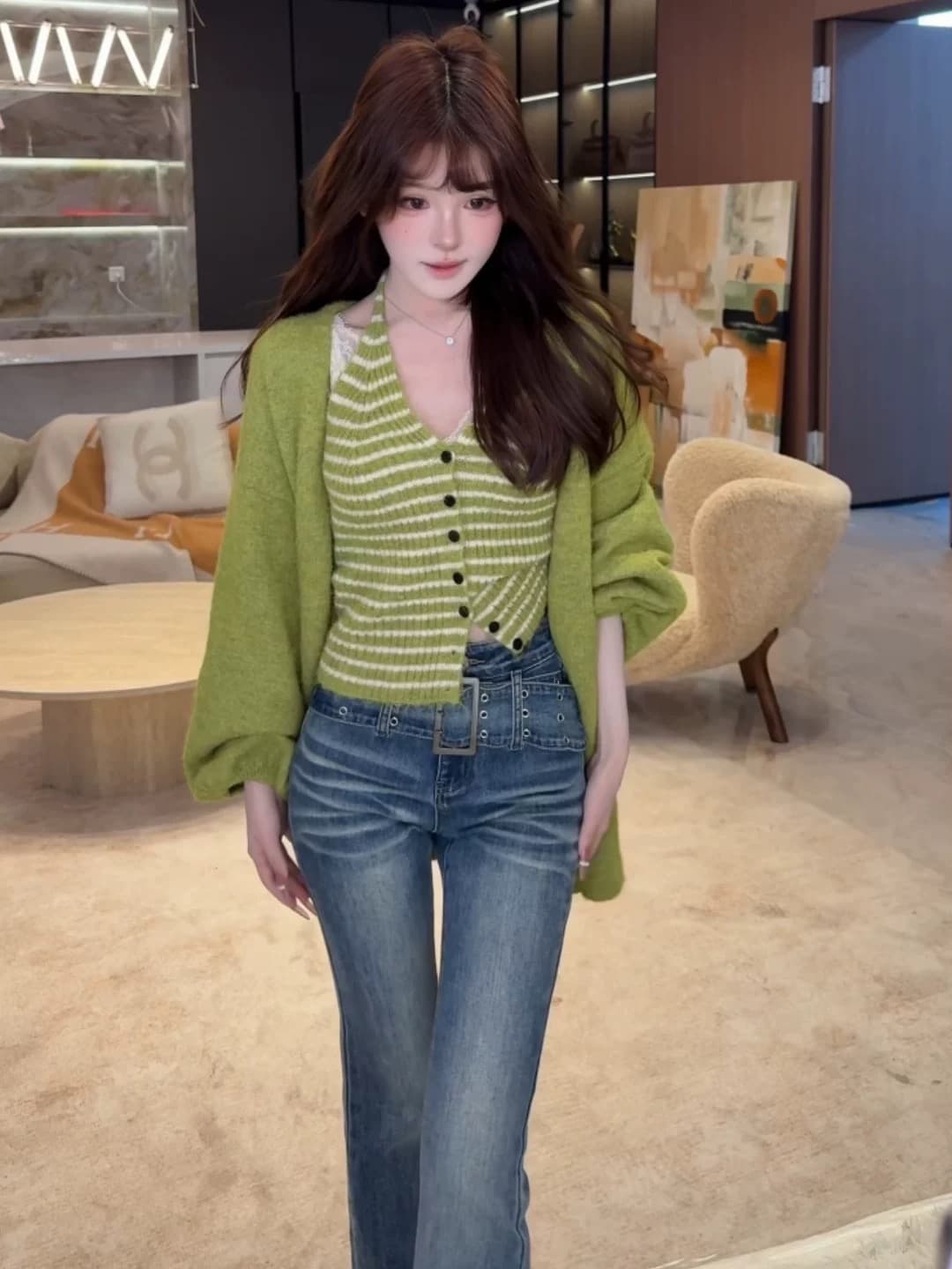빛 사람들 빛 요리 한 코치 착용 가져 가라. 전체 집합 조기 가을 여성 의류 녹색 스웨터 오픈 가디건 스트라이프 조끼 투피스 슈트 상세 이미지 2