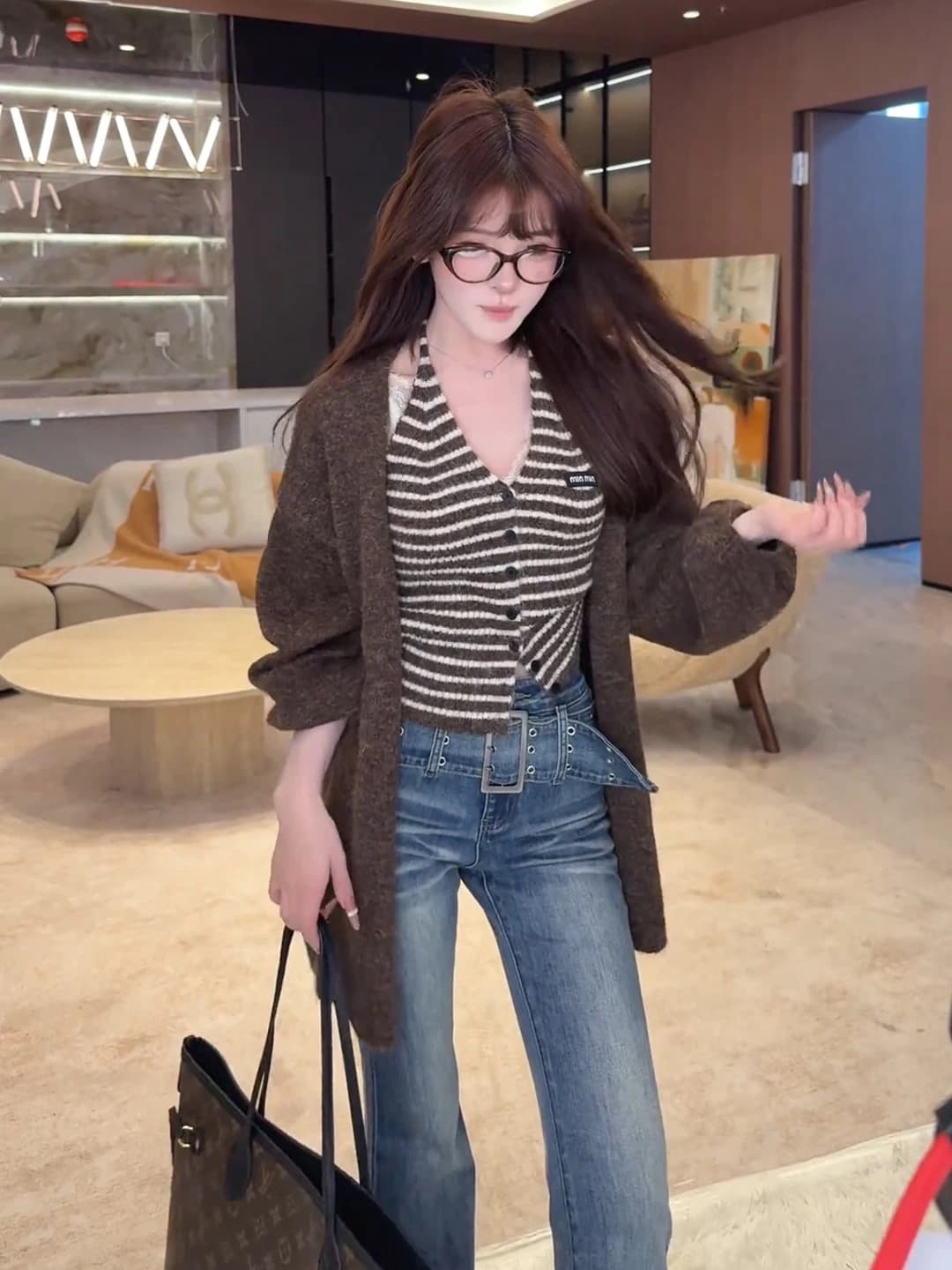빛 사람들 빛 요리 한 코치 착용 가져 가라. 전체 집합 조기 가을 여성 의류 녹색 스웨터 오픈 가디건 스트라이프 조끼 투피스 슈트 상세 이미지 4