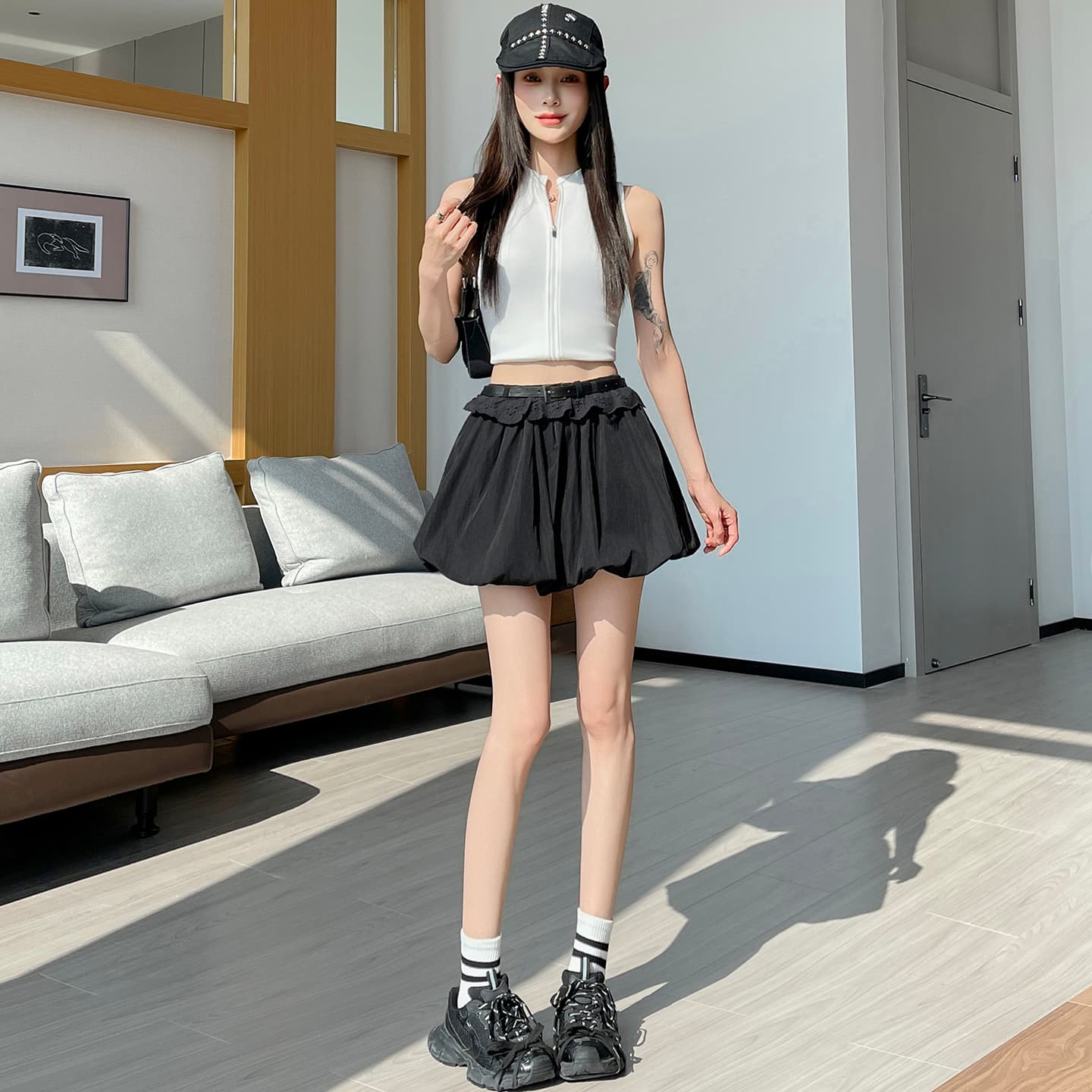 벨트 포함 배꽃 화이트 디자인 센스 표지 고기 한 마디 미니 스커트 작은 키 슬림해 보이는 주름 꽃밭 반신 스커트 아이들 이미지 5