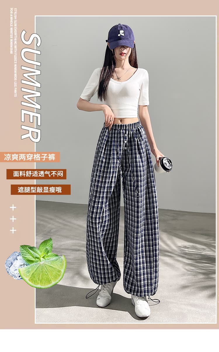 한 부서 체크무늬 얇은 스타일 스트레이트 와이드 레깅스 바지 2026 여름 새로운 하이웨이스트 루즈핏 슬림해 보이는 다용도 캐주얼 긴 바지 상세 이미지 1