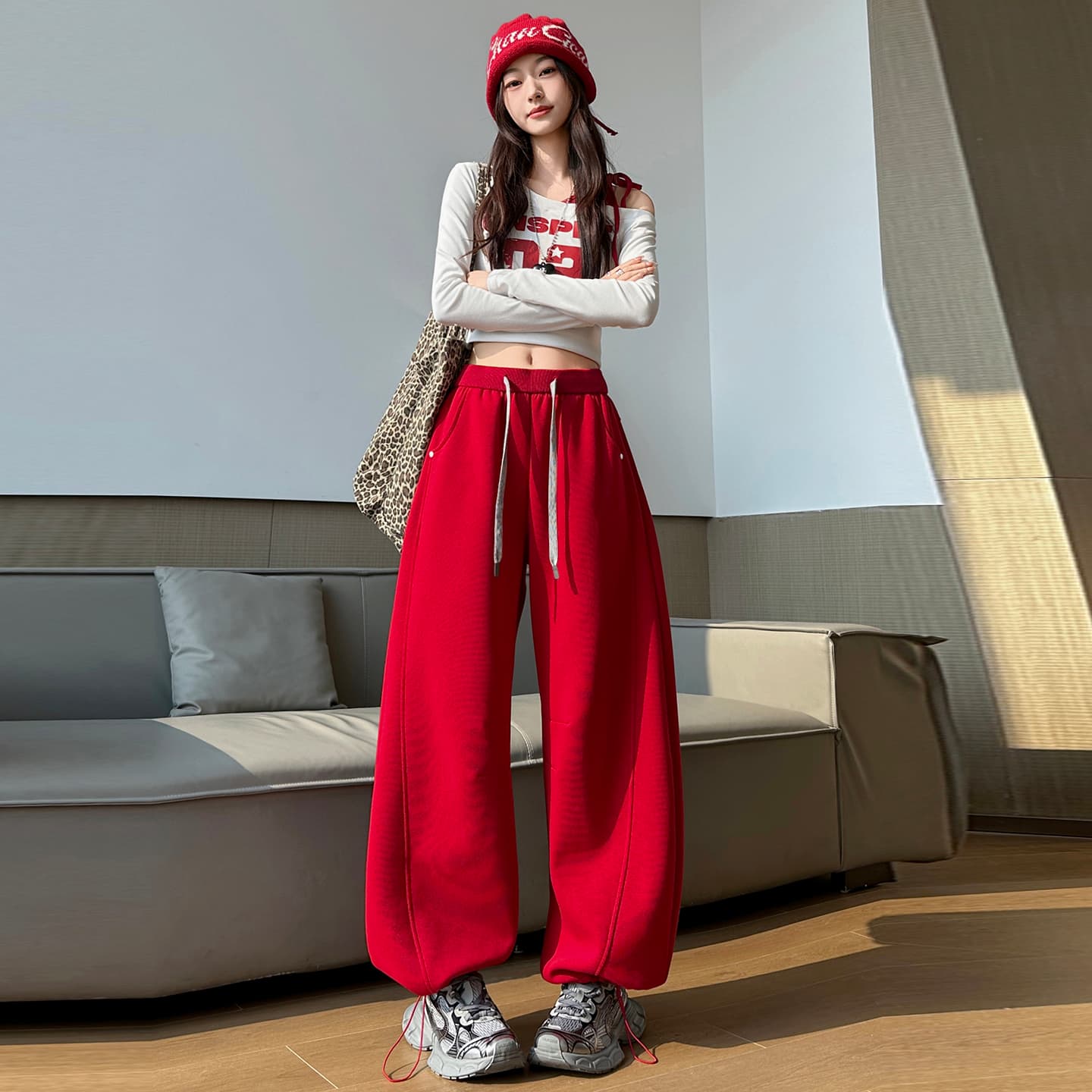 웨이 바지 여성 2026 가을 새로운 아메리칸 레트로 하이웨이스트 캐주얼 바람 빨간색 다용도 와이드 레그 팬츠 길다 이미지 6