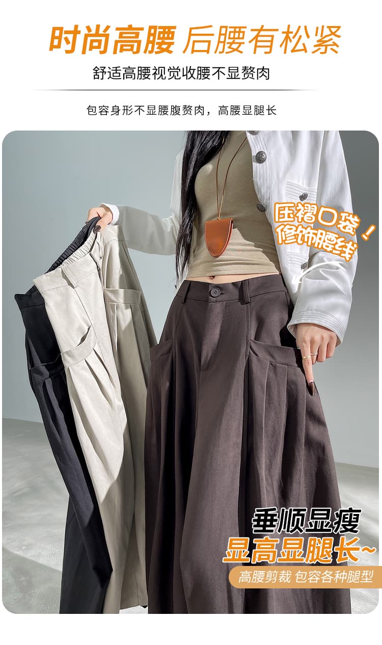오래된 돈 바람 커피 색상 주간 실크 사선 무늬 면 정장 모통이 칼 바지 여성 가을 새로운 하이웨이스트 슬림해 보이는 캐주얼 와이드 레그 팬츠 상세 이미지 3