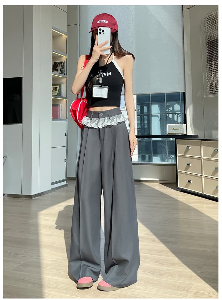 회색 정장 와이드 레깅스 바지 루즈핏 스트레이트 봄 여름 디자인 센스 레이스 레이스 패치워크 높은 허리 바지 도루 센스 넓은 다리 상세 이미지 27