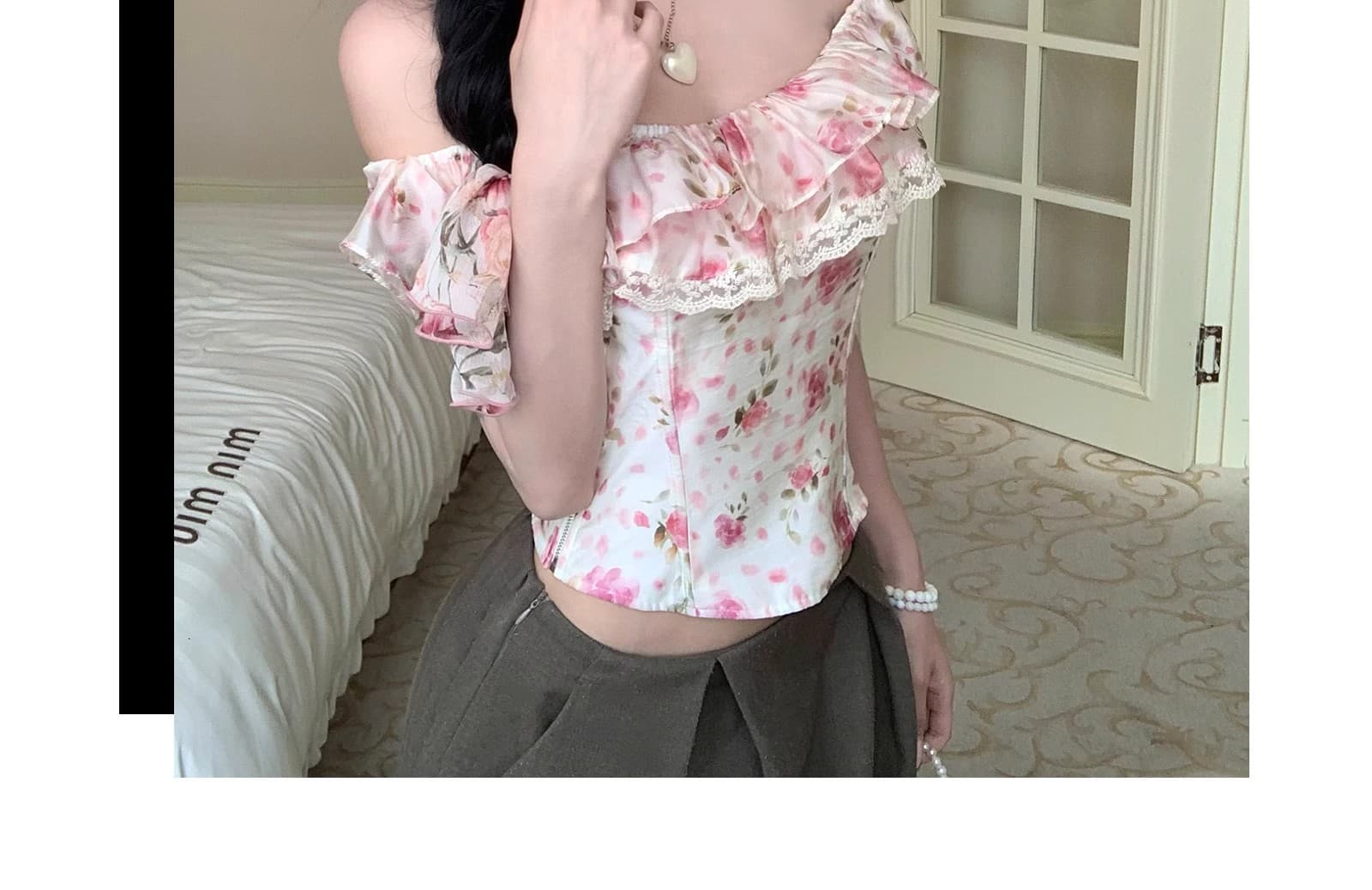 인터넷 그림 봄 여름 분위기 꽃무늬 오프숄더 레이스 레이스 생선뼈 코르셋 맨위 상세 이미지 2