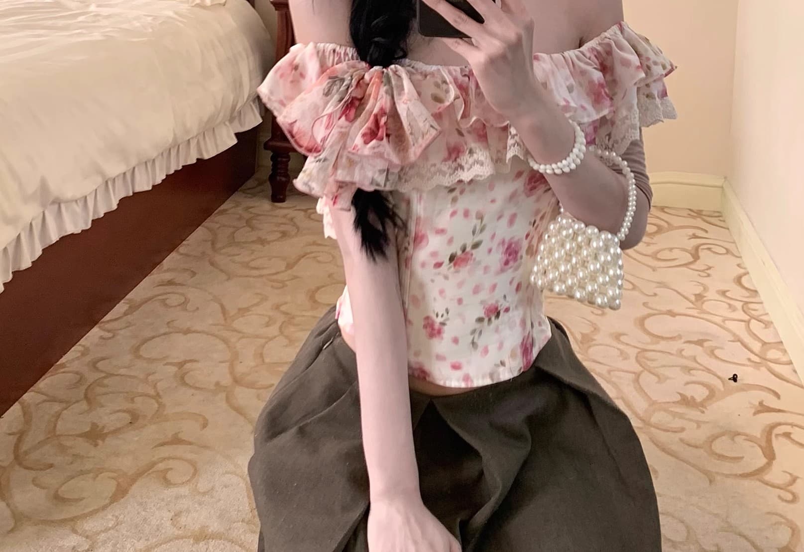 인터넷 그림 봄 여름 분위기 꽃무늬 오프숄더 레이스 레이스 생선뼈 코르셋 맨위 상세 이미지 25