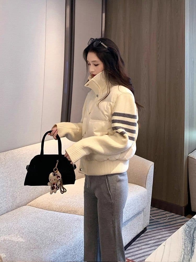 인터넷 그림 네 개 바 더블 색상 트렌드 한국 스타일 베이지 색 스트라이프 패치워크 면 의류 여성 겨울 고급 센스 작은 키 상세 이미지 7