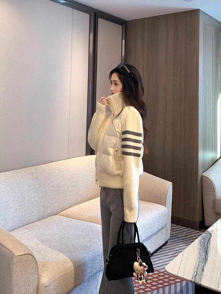 인터넷 그림 네 개 바 더블 색상 트렌드 한국 스타일 베이지 색 스트라이프 패치워크 면 의류 여성 겨울 고급 센스 작은 키 상세 이미지 10