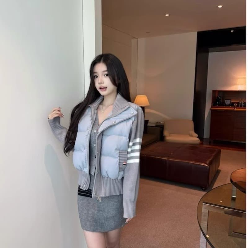 인터넷 그림 네 개 바 더블 색상 트렌드 한국 스타일 베이지 색 스트라이프 패치워크 면 의류 여성 겨울 고급 센스 작은 키 이미지 2