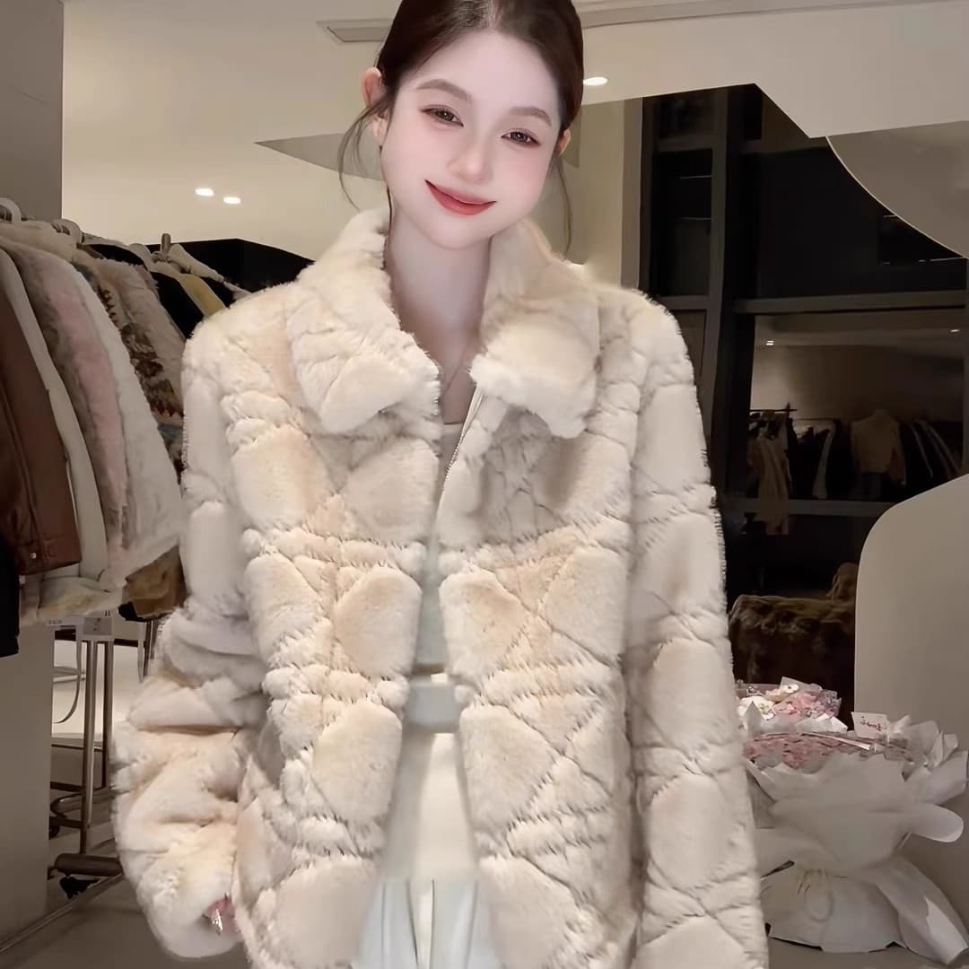 dy 전문가 모피 돈을 위해 가치 핑크색 폴로 칼라 여성 코트 겨울 새로운 피모 하나 링 그리드 루즈핏 이미지 6