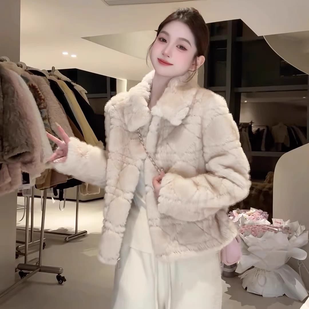 dy 전문가 모피 돈을 위해 가치 핑크색 폴로 칼라 여성 코트 겨울 새로운 피모 하나 링 그리드 루즈핏 이미지 4