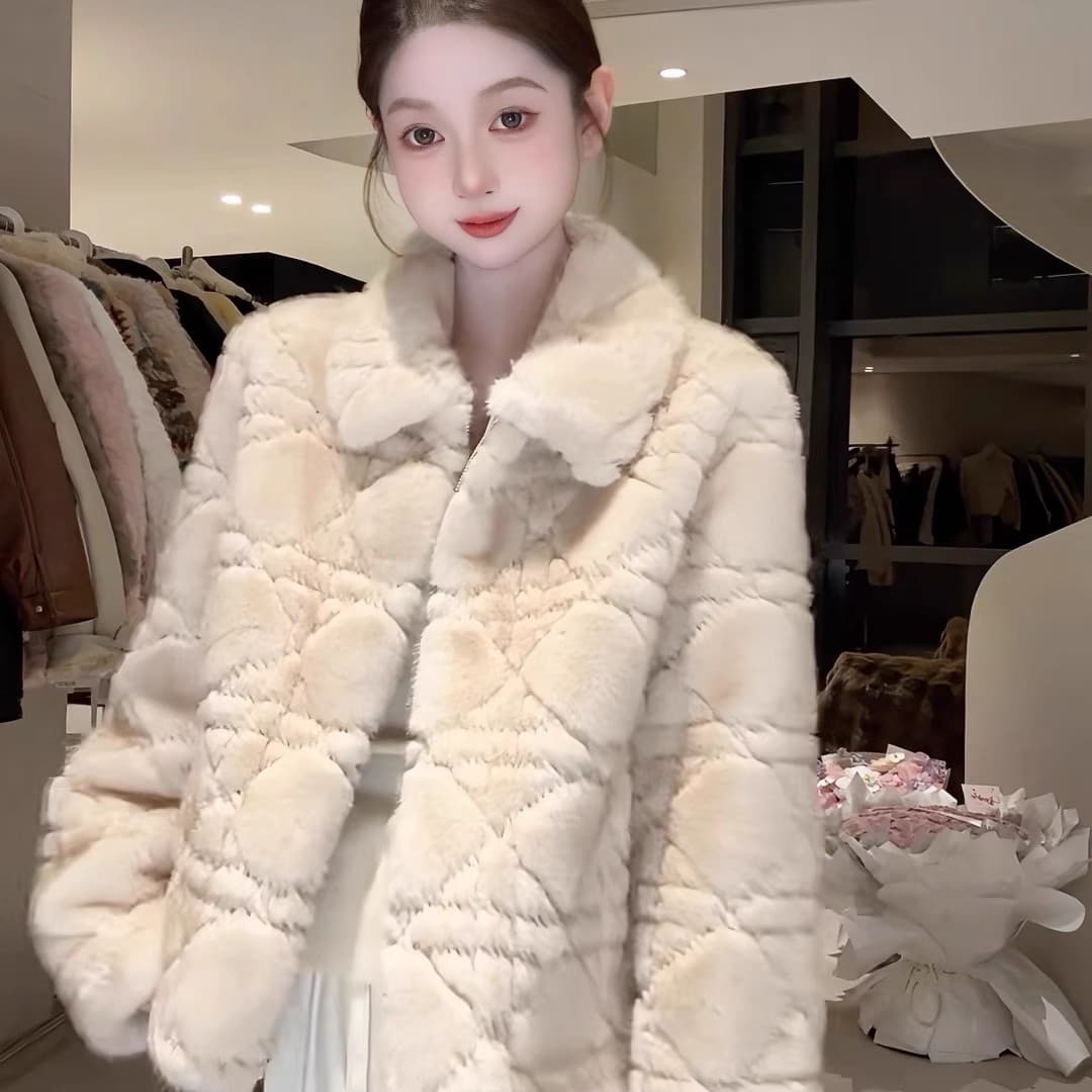 dy 전문가 모피 돈을 위해 가치 핑크색 폴로 칼라 여성 코트 겨울 새로운 피모 하나 링 그리드 루즈핏 이미지 3