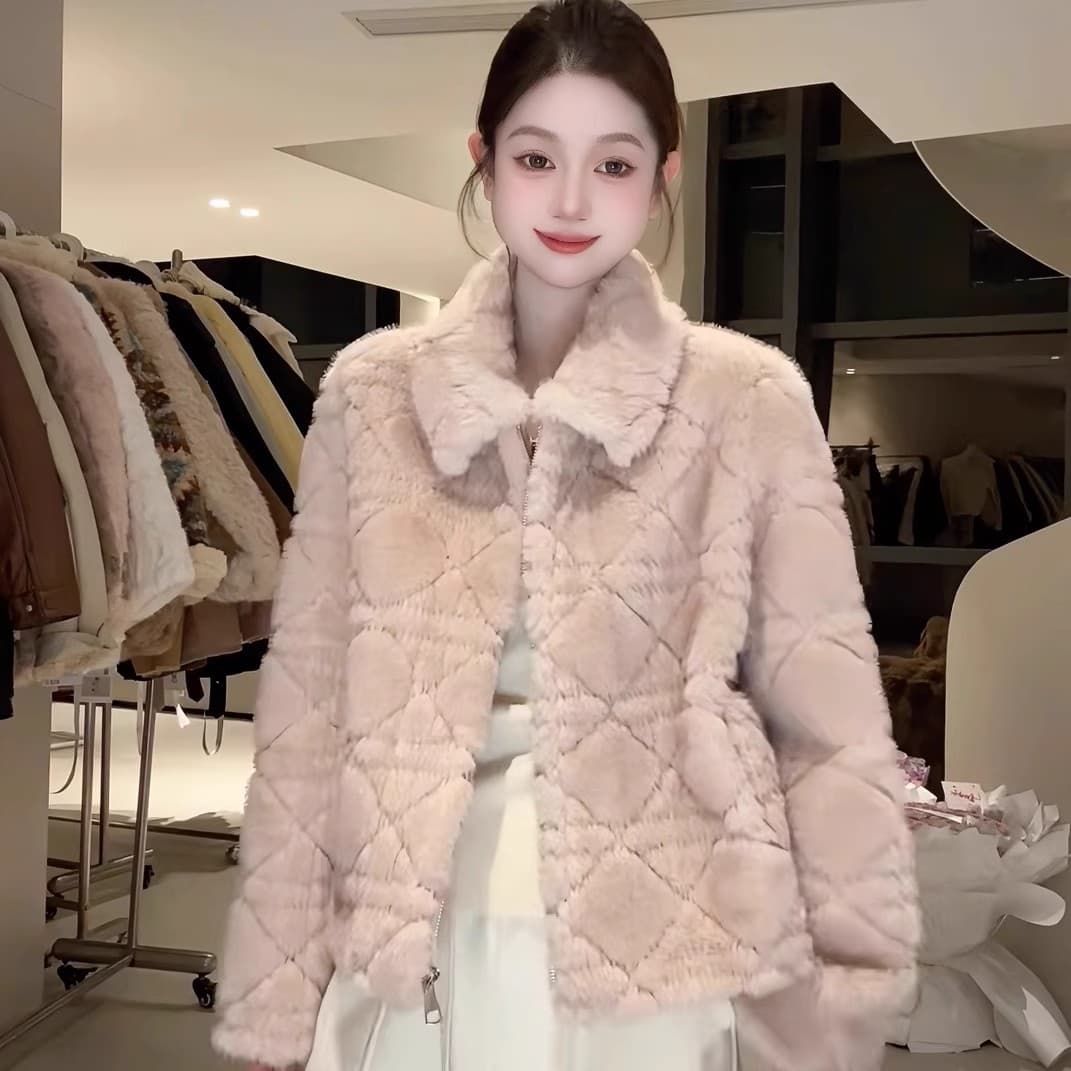 dy 전문가 모피 돈을 위해 가치 핑크색 폴로 칼라 여성 코트 겨울 새로운 피모 하나 링 그리드 루즈핏 이미지 5