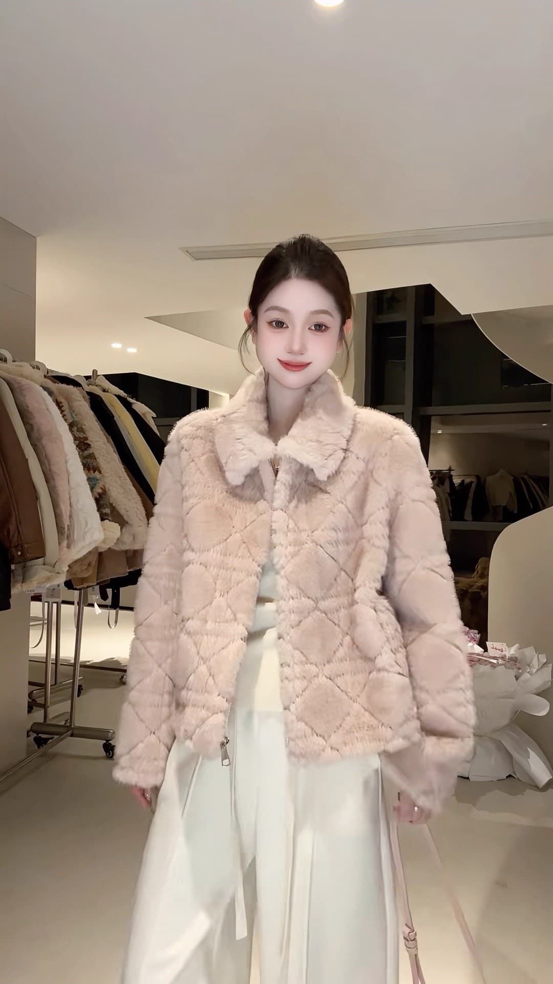 dy 전문가 모피 돈을 위해 가치 핑크색 폴로 칼라 여성 코트 겨울 새로운 피모 하나 링 그리드 루즈핏 상세 이미지 1