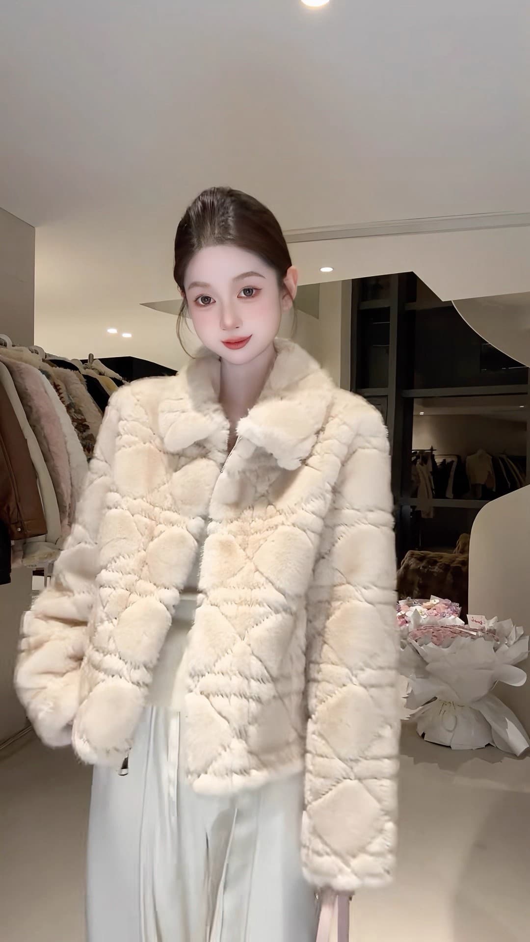 dy 전문가 모피 돈을 위해 가치 핑크색 폴로 칼라 여성 코트 겨울 새로운 피모 하나 링 그리드 루즈핏 상세 이미지 4