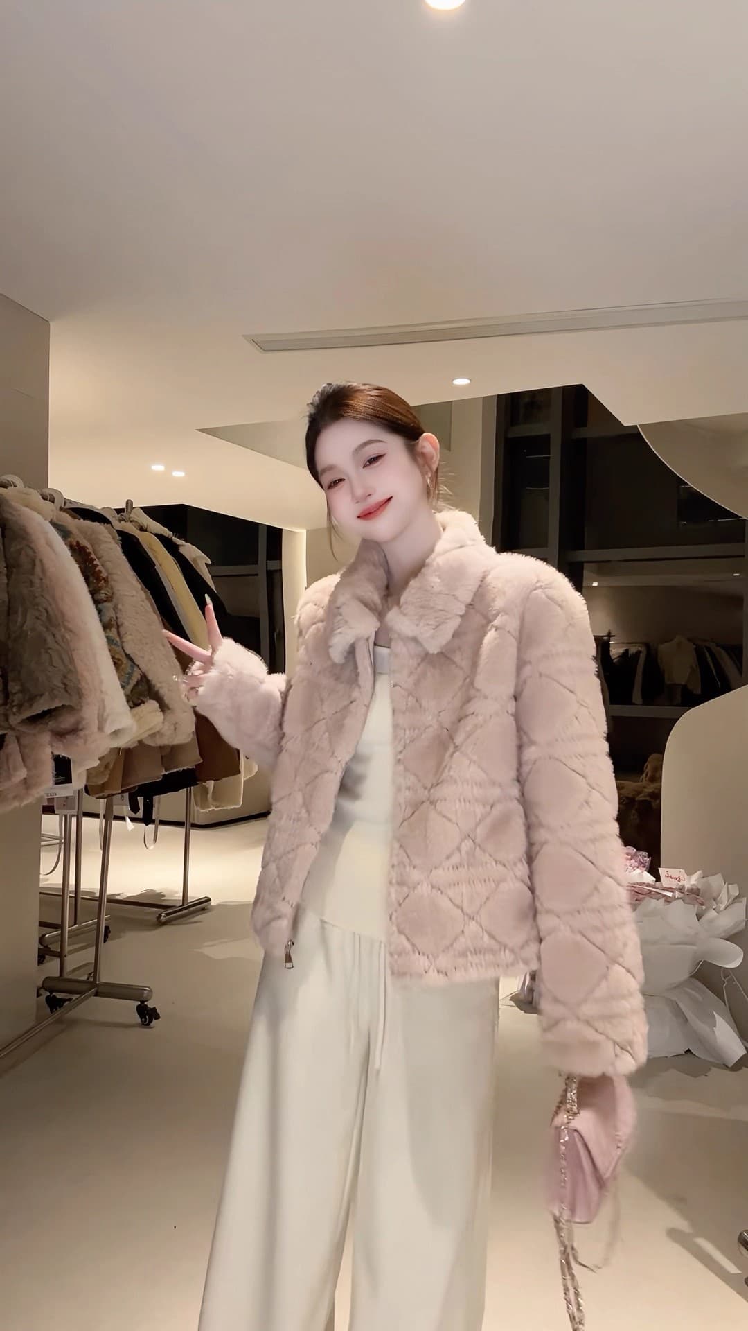 dy 전문가 모피 돈을 위해 가치 핑크색 폴로 칼라 여성 코트 겨울 새로운 피모 하나 링 그리드 루즈핏 상세 이미지 6