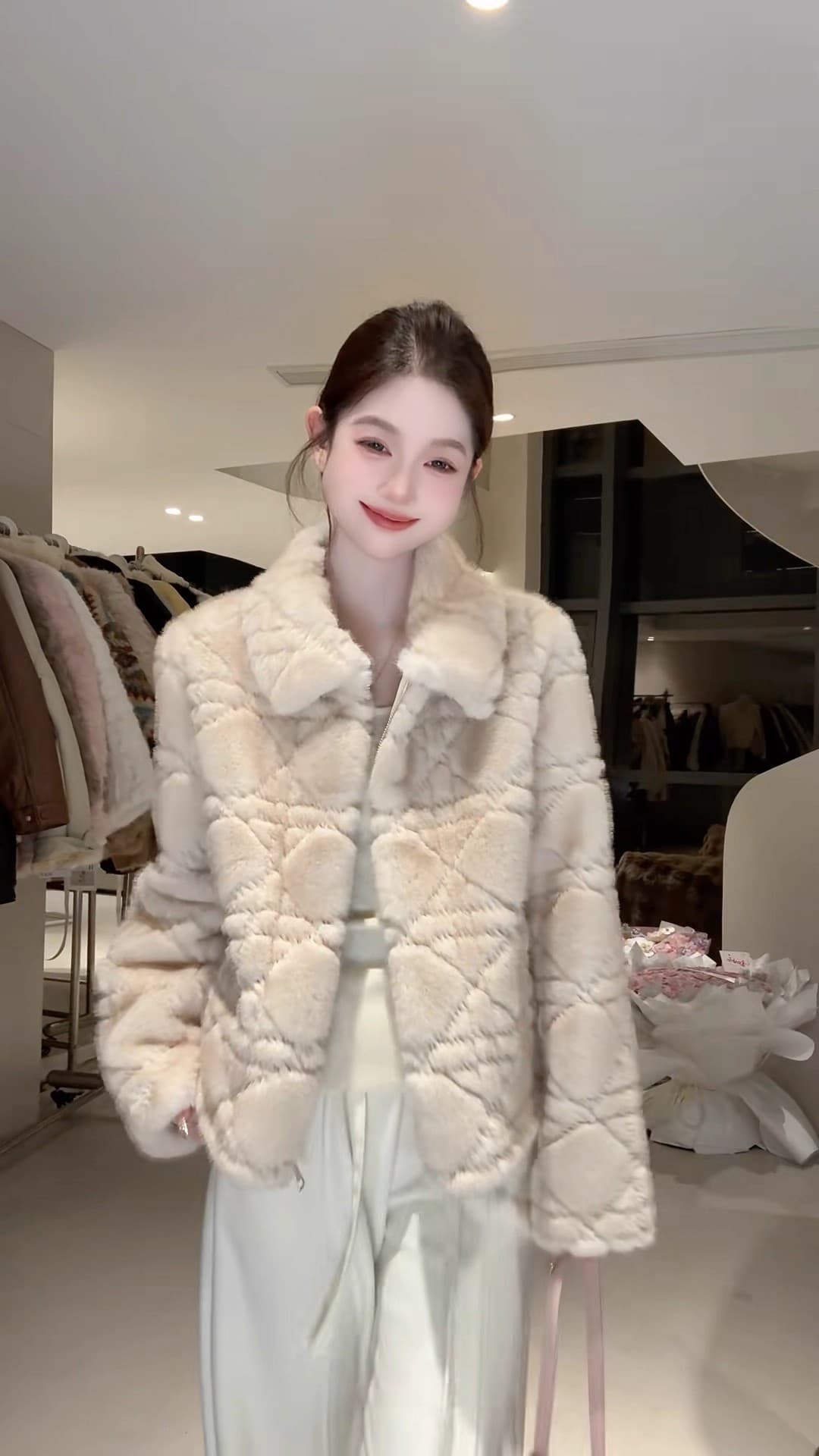 dy 전문가 모피 돈을 위해 가치 핑크색 폴로 칼라 여성 코트 겨울 새로운 피모 하나 링 그리드 루즈핏 상세 이미지 7