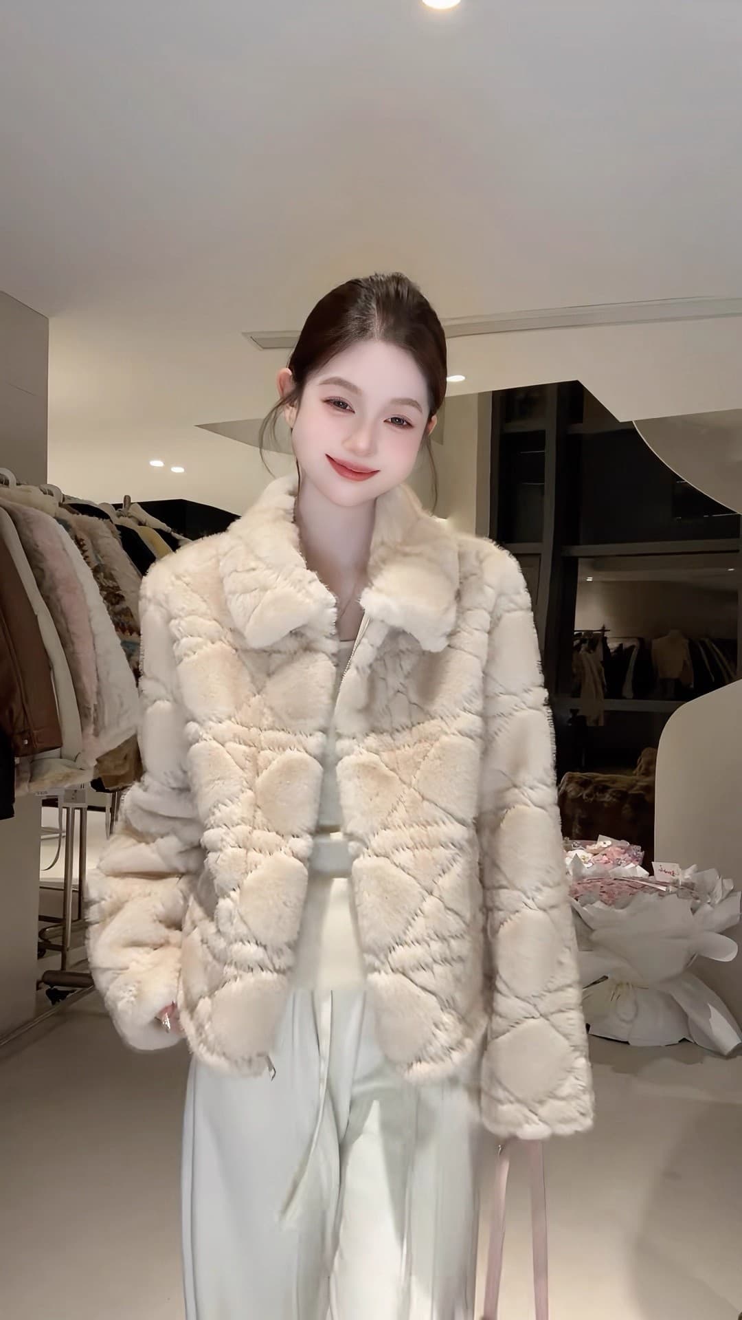 dy 전문가 모피 돈을 위해 가치 핑크색 폴로 칼라 여성 코트 겨울 새로운 피모 하나 링 그리드 루즈핏 상세 이미지 8
