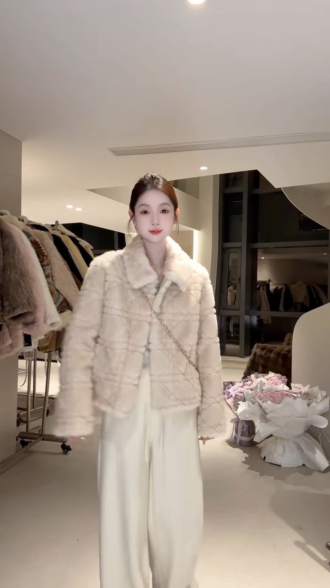 dy 전문가 모피 돈을 위해 가치 핑크색 폴로 칼라 여성 코트 겨울 새로운 피모 하나 링 그리드 루즈핏 상세 이미지 9