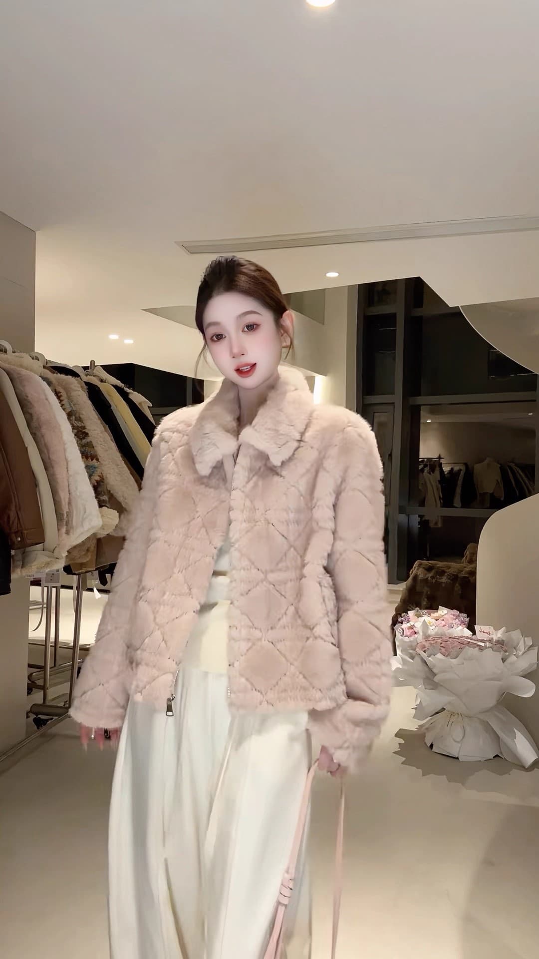 dy 전문가 모피 돈을 위해 가치 핑크색 폴로 칼라 여성 코트 겨울 새로운 피모 하나 링 그리드 루즈핏 상세 이미지 11