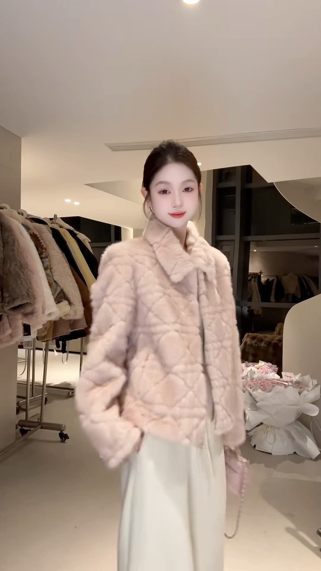 dy 전문가 모피 돈을 위해 가치 핑크색 폴로 칼라 여성 코트 겨울 새로운 피모 하나 링 그리드 루즈핏 상세 이미지 12