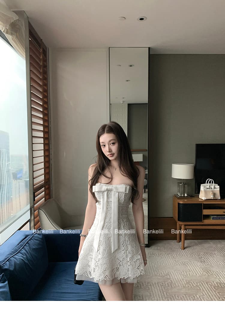 인터넷 그림 화이트 연인 천 골드 무거운 작업 튜브탑 나비 매듭 허리 수축 레이스 예복 치마 상세 이미지 3