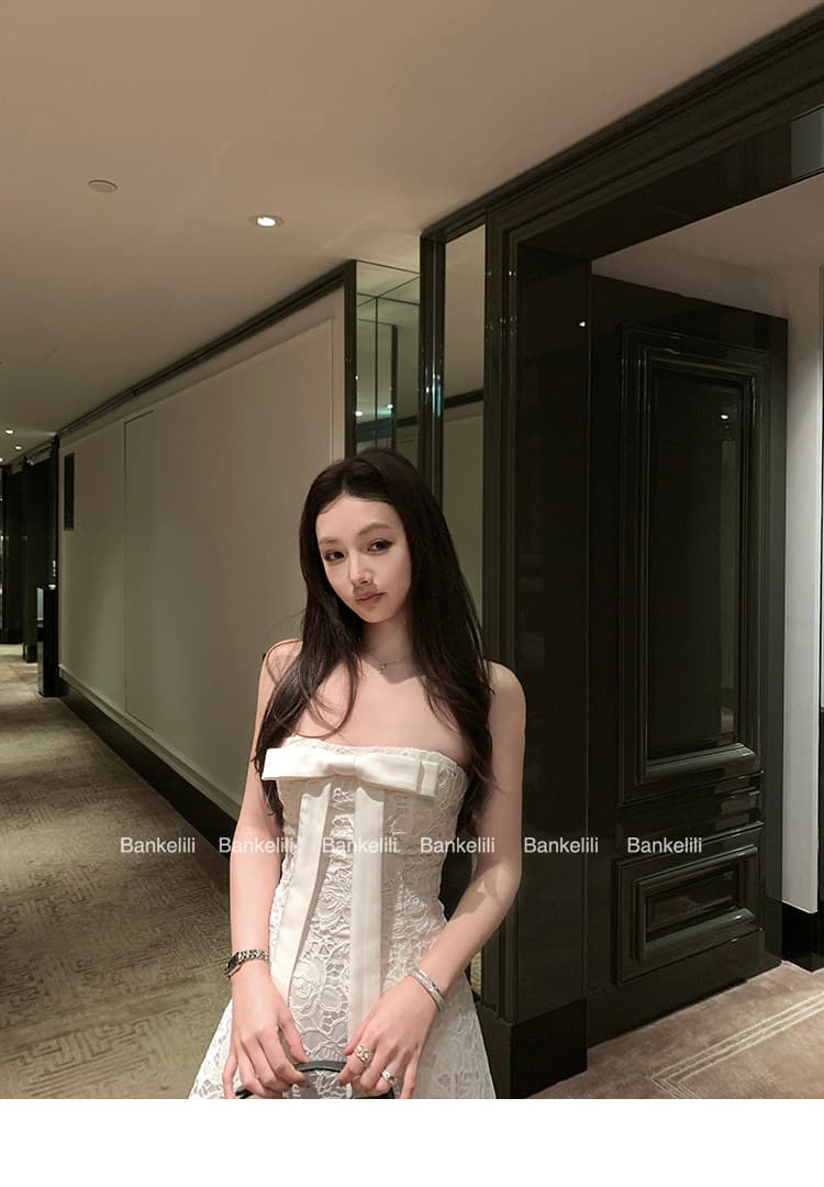 인터넷 그림 화이트 연인 천 골드 무거운 작업 튜브탑 나비 매듭 허리 수축 레이스 예복 치마 상세 이미지 17
