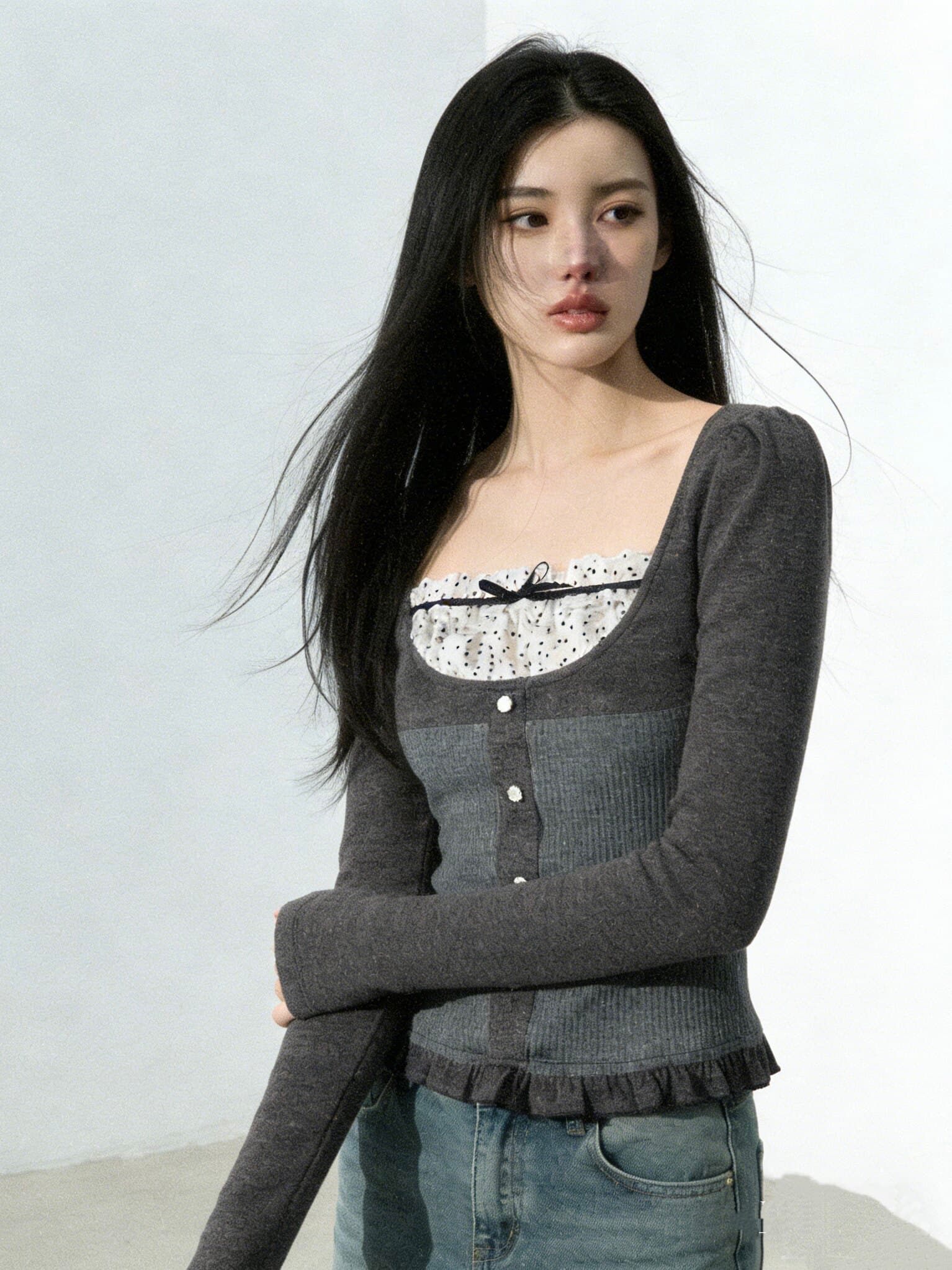 인터넷 그림 레트로 배색 패치워크 도트 무늬 나비 매듭 긴팔 아메리칸 핫걸 슬림해 보이는 티셔츠 레이스 맨위 여성 이미지 2